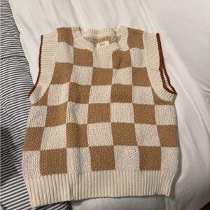 Anthropologie Cream & Brown Checkerboard Knit Vest